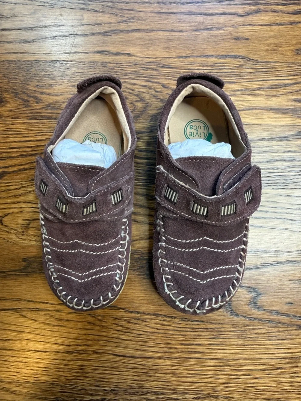 Kids Brown Suede Leather Moccasin Shoes Hook & Loop Closure Size 10